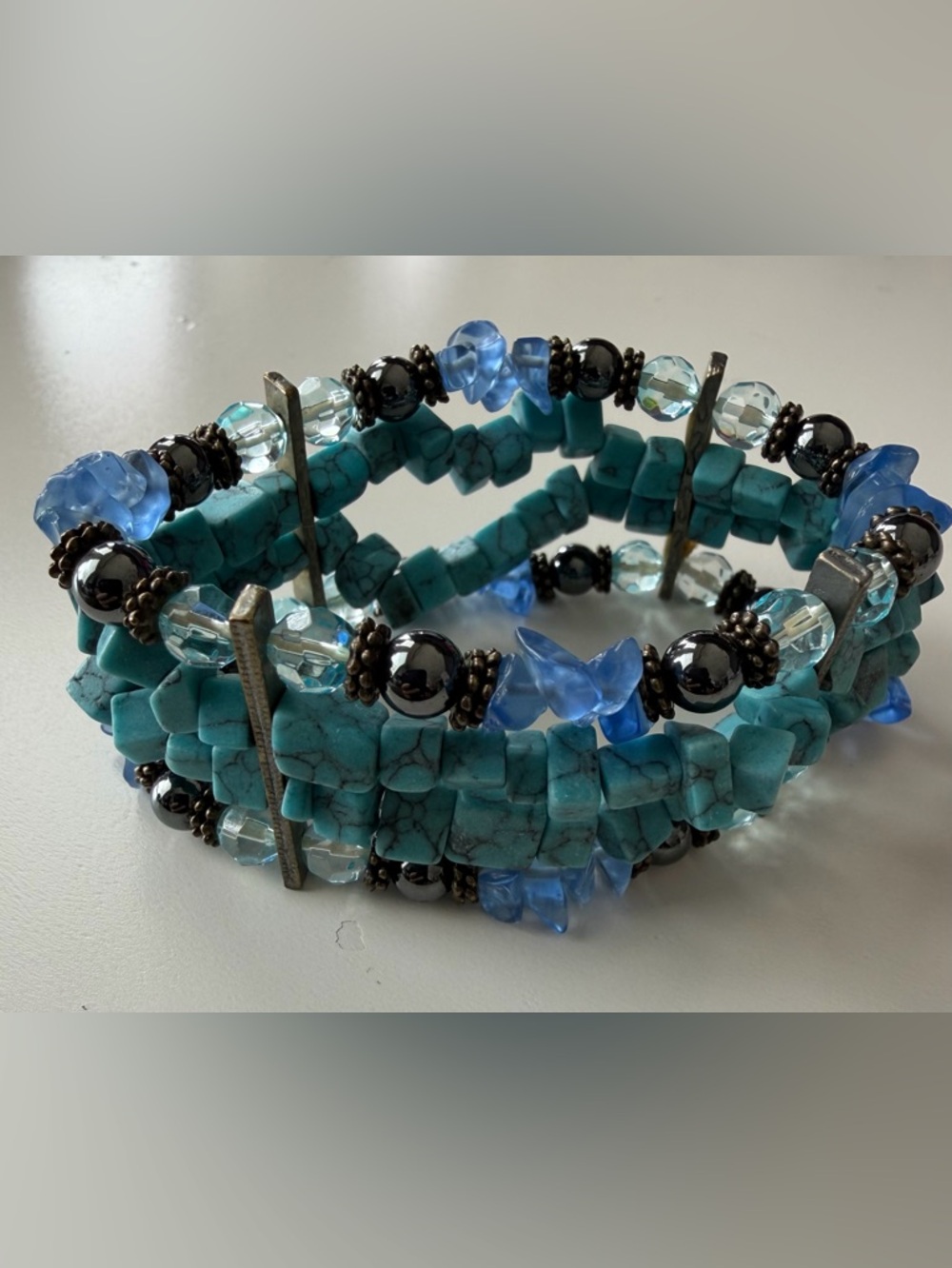 Blue Turquoise Memory Wire Wrap Bracelet Hematite Beaded Boho